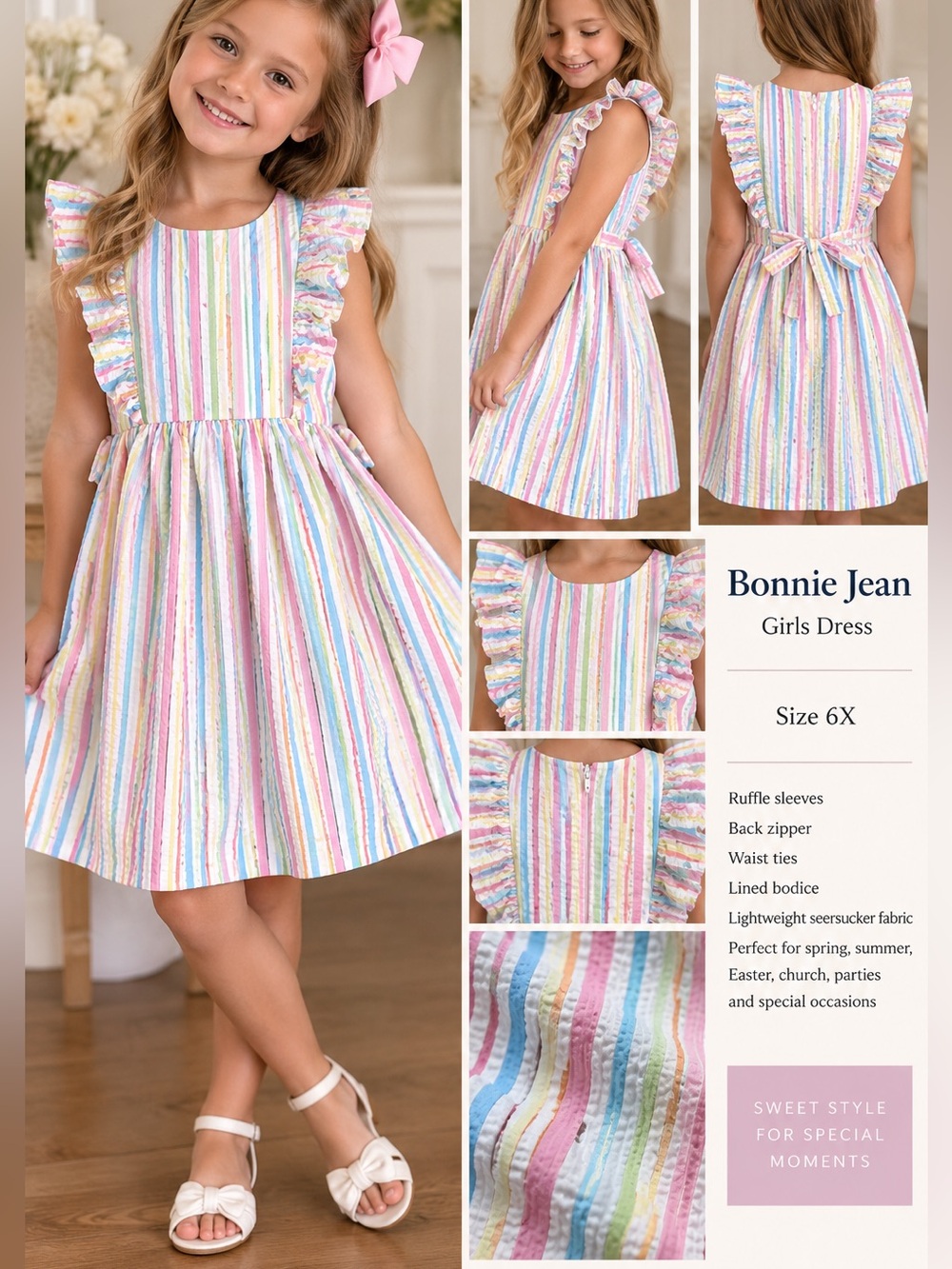 Bonnie Jean Girls' Pastel Rainbow Stripe Ruffle Dress - Pink/Blue